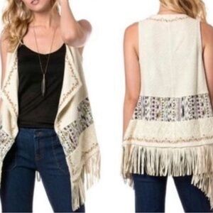 Miss Me Boho Fringe Long Line Vest Cream Embroidered size Medium